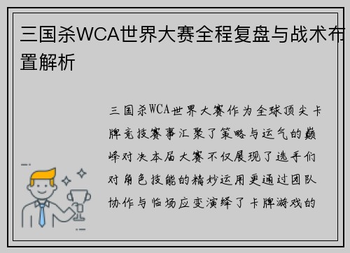 三国杀WCA世界大赛全程复盘与战术布置解析