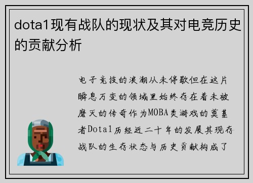 dota1现有战队的现状及其对电竞历史的贡献分析
